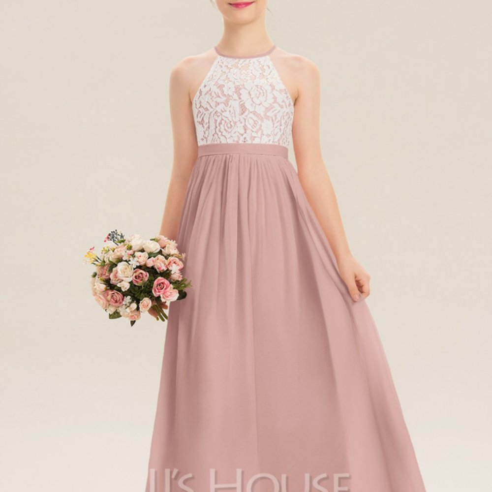 JJ House - A-Line Scoop Neck Floor-Length Chiffon Lace Junior Bridesmaid Dress